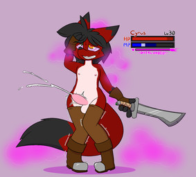 anthro bodily_fluids boots clothing cum femboy flustered footwear game_ui gameplay_mechanics genital_fluids genitals gui health_bar heterochromia hypnosis leggings leggings_only legwear legwear_only male melee_weapon mind_control nipples orgasm penis pheromones shaking_legs shoes solo sword weapon nightfire cyrus_nightfire canid canine fox mammal hi_res