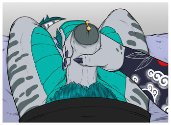 anthro arm_tattoo bottomless bottomless_anthro bottomless_male clothed clothing first_person_view foreskin genital_piercing genitals grey_body hair humanoid_genitalia humanoid_penis male masturbation penis penis_piercing piercing prince_albert_piercing pubes shirt sitting solo tail tattoo teal_body teal_hair topwear homogenousrule mythology kieran_(thesiggy) dragon mythological_creature mythological_scalie scalie 2023 hi_res