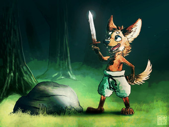 anthro biped black_nose brown_body brown_ears brown_fur brown_tail chibi fangs forest front_view fur glistening glistening_eyes glistening_nose gloves_(marking) gradient_fur grass holding_melee_weapon holding_object holding_sword holding_weapon inner_ear_fluff leg_markings male markings melee_weapon open_mouth open_smile outside plant plantigrade reflection rock smile socks_(marking) solo standing sword tail teeth tree tuft weapon white_inner_ear white_inner_ear_fluff yookie canid canine mammal maned_wolf 2016 4:3 dated signature
