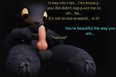 4_fingers animal_genitalia animal_penis animal_vulva anthro balls black_background black_body black_fur blush bodily_fluids canine_genitalia canine_penis canine_vulva compliment dialogue dripping embarrassed encouragement fingers fingers_together fur genital_fluids genitals herm index_to_index intersex knot knotted_penis looking_down nervous noise_filter onomatopoeia orange_eyes pawpads penis precum precum_drip presenting presenting_penis presenting_vulva reassuring simple_background sitting solo sound_effects stuttering talking_to_another text vignette vulva whining yellow_blush groxxy akittu_(modeler) casualties:_unknown expie_(gunsawian) gunsawian 3d_(artwork) absurd_res digital_media_(artwork) hi_res