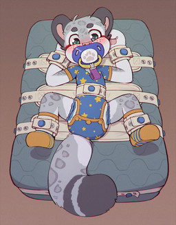 anthro blue_eyes brown_background clothing diaper footprint footwear fur grey_body grey_fur lying male mattress on_back onesie pacifier pacifier_clip pawprint segufix simple_background socks solo young skidoo felid mammal pantherine snow_leopard hi_res