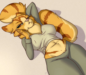 angry anthro big_breasts breasts clothed clothing female fur grumpy hand_on_head leggings legwear lying midriff natural_breasts neck_tuft on_back pose simple_background solo stripes tight_clothing tights tuft yellow_body yellow_fur friskalpox amber_(friskalpox) domestic_cat felid feline felis mammal pinup portrait three-quarter_portrait