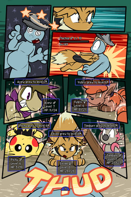 4_fingers 8_panel_comic ambiguous_gender attack battle biped black_cape black_clothing black_eyes black_nose black_text blue_body brown_body brown_eyes brown_fur brown_hair cape cheek_spots clenched_teeth clothing day dizzy dizzy_eyes dot_pupils eye_patch eyebrows eyelashes eyewear feral fight fingers fluffy fluffy_tail front_view fur gameplay_mechanics grass group gui hair hat hay headgear headwear health_bar holding_object inner_ear_fluff level_up lying motion_lines multi_tail neck_tuft on_front on_ground one_eye_closed open_mouth open_smile outside page_number paws plant pupils purple_eyes purple_scarf quadruped red_cheeks scarf sharp_teeth side_view smile sound_effects standing tackle tail teeth text text_box tongue toony translucent translucent_hair tuft tusks white_head white_pupils white_sclera wounded virmir nintendo pokemon pokemon_mystery_dungeon spike_chunsoft medik_jackal sierra_(virmir) twobyfour_(virmir) virmir_(character) zinc_(zincxiron) axew eevee generation_1_pokemon generation_2_pokemon generation_5_pokemon humanoid machop pichu pokemon_(species) timburr vulpix 2025 2:3 absurd_res comic english_text hi_res