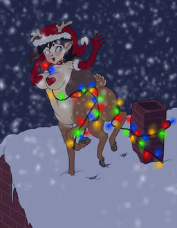 antlers armwear bell big_breasts black_hair blue_eyes breasts chimney christmas_clothing christmas_decorations christmas_headwear christmas_lights clothing collar elbow_gloves female gloves hair handwear hat headgear headwear holidays hooves horn humanoid_pointy_ears on_roof open_mouth pasties pointy_ears santa_hat solo string_lights dontfapgirl christmas cervine cervine_taur deer deer_taur mammal mammal_taur new_world_deer reindeer taur hi_res