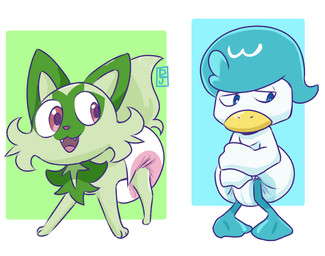 ambiguous_gender anthro arm_grab beak blue_body blue_hair blue_legs cheek_tuft clean_diaper clothed clothing diaper diaper_only duo facial_tuft fangs feet feral fur green_body green_ears green_fur green_inner_ear green_tail hair logo looking_at_another looking_at_partner membrane_(anatomy) multicolored_body narrowed_eyes nervous open_mouth open_smile pink_nose simple_background smile tail teeth toes topless tuft two_tone_body wearing_diaper webbed_feet white_body white_diaper yellow_beak dljoe nintendo pokemon generation_9_pokemon pokemon_(species) quaxly sprigatito 2022 artist_logo
