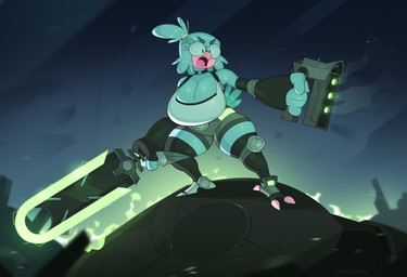 accessory anthro armwear belt big_breasts bottomwear breasts choker cleavage clothed clothing colored_fire detailed_background elbow_gloves energy_sword energy_weapon eyelashes eyewear female fingerless_gloves fire glasses gloves green_fire hair hair_accessory hair_tie hairclip handwear holding_object holding_weapon huge_breasts jewelry laser_gun legwear melee_weapon necklace on_rock open_mouth prosthetic prosthetic_foot ranged_weapon rock round_glasses shorts sky smoking_gun solo suspenders sword thick_thighs tied_hair weapon doodledox verity_(doodledox) avian bird 2023 hi_res