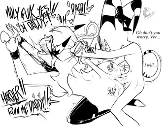 2_horns 4_fingers ambiguous_fluids anal anal_penetration balls bdsm big_butt biped black_text blush blush_lines bodily_fluids bondage bound breasts butt chain chain_leash clothing cloven_hooves collar cuff_(restraint) curved_horn daddy_kink dialogue dirty_talk dominant dominant_male drooling duo explicitly_stated_consent eye_roll eyelashes female female_humanoid female_penetrated fingers from_behind_position genitals hair hair_grab heart_symbol hooves horn humanoid_genitalia humanoid_on_humanoid humanoid_penetrated humanoid_penetrating humanoid_penetrating_humanoid humanoid_penis kneeling larger_female larger_penetrated leaning leaning_forward leash leashed_collar legwear long_eyelashes long_hair male male/female male_humanoid male_penetrating male_penetrating_female medium_breasts moan motion_lines navel onomatopoeia open_mouth penetration penile penile_penetration penis penis_in_ass profanity pupils restraints rough_sex saliva saliva_on_face saliva_string sex sharp_teeth size_difference slit_pupils smaller_male sound_effects spade_tail speech_bubble spiked_tail spikes spikes_(anatomy) standing striped_horn stripes submissive submissive_female tail tail_grab tail_pull talking_to_another talking_to_partner teeth text thick_eyelashes thigh_highs thrusting tongue touching_hair unguligrade wrist_cuffs potatonebula hellaverse helluva_boss blitzo_(helluva_boss) verosika_mayday demon demon_humanoid humanoid imp succubus 2026 black_and_white english_description english_text monochrome signature