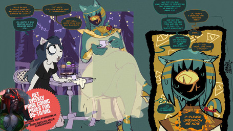 1_eye advertisement blue_hair clothing cookie dialogue female food footwear gold_(metal) gold_jewelry green_body hair high_heels jewelry macaron_(food) shoes size_difference speech_bubble text translucent translucent_clothing kenno_arkkan cartoon_hangover h._p._lovecraft sucker_for_love the_summoning claire_(the_summoning) nyanlathotep_(sucker_for_love) animal_humanoid cat_humanoid domestic_cat eldritch_abomination eldritch_being eldritch_humanoid felid felid_humanoid feline feline_humanoid felis humanoid mammal mammal_humanoid 16:9 2026 adversarial_noise digital_media_(artwork) english_text hi_res widescreen