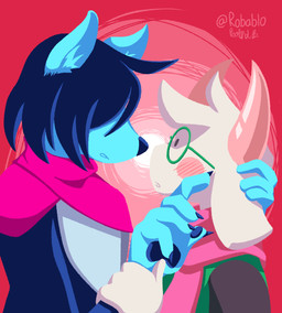 alternate_species ambiguous_anthro ambiguous_gender anthro blush clothed clothing duo eyewear fur glasses hair hair_over_eyes horn male male/ambiguous male_anthro robe scarf white_body white_fur robablo deltarune undertale_(series) kris_dreemurr ralsei bovid canid canine canis caprine domestic_dog goat mammal 2026 absurd_res digital_media_(artwork) hi_res