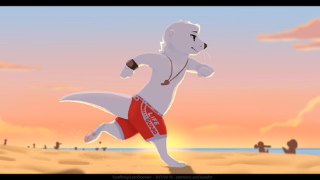 anthro beach black_bars black_nose bottomwear clothed clothing fist fur group lifeguard male pawpads pink_pawpads red_bottomwear red_clothing red_shorts red_swimming_trunks red_swimwear running seaside shorts solo_focus sunset swimming_trunks swimwear tail_through_shorts tail_through_swimming_trunks topless water whiskers whistle_around_neck white_body white_fur letodoesart pebble_(letodoesart) mammal mustelid otter 16:9 2019 absurd_res hi_res letterbox widescreen