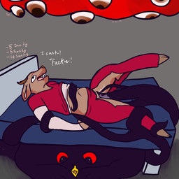 abdominal_bulge andromorph anthro bodily_fluids clothing forced group intersex mass_of_eyes_(animal_hospital) mind_break nellson_(inhabitedartist) scrubs syrup tentacles text torn_clothing trio inhabitedartist animal_hospital bed_monster_(animal_hospital) hybrid mammal monster moschid musk_deer 1:1 absurd_res hi_res