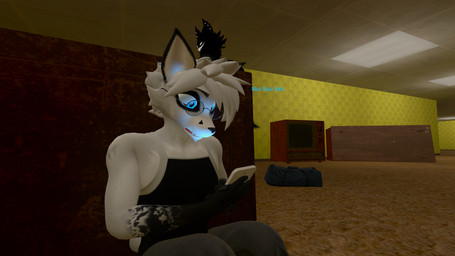 anthro black_body clothed clothing duo female hair inside male male/female multicolored_body profanity scared smile text two_tone_body white_body joker0 cryptiacurves_(modeler) warfaremachine_(modeler) the_backrooms karelia_(ace_rattman) leo_(atoastedorange) backrooms_creature canid canine fox mammal smiler_(the_backrooms) 16:9 3d_(artwork) digital_media_(artwork) english_text hi_res widescreen