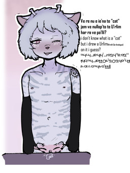 antennae_(anatomy) anthro armwear blush bodily_fluids clothing dialogue drawing_on_body female furniture genital_fluids genitals hair nipples one_eye_closed solo stripes table table_humping tattoo text tongue tongue_out vaginal_fluids vulva white_hair teruni-inamor pussy-cat_(meme) teruni-nemira-inamor alien virelli 3:4 constructed_language english_text meme