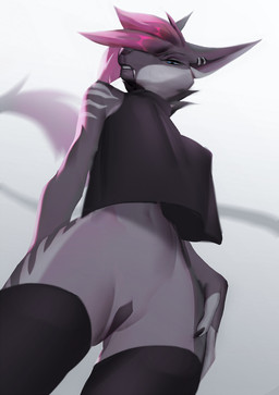 anthro black_clothing black_legwear black_topwear blue_eyes clothed clothing ear_piercing ear_ring fangs female glistening glistening_eyes grey_body hair legwear looking_at_viewer looking_down looking_down_at_viewer low-angle_view narrowed_eyes partially_clothed piercing pink_hair ring_piercing simple_background solo tail tail_tuft teeth topwear tuft unsigned white_background shermugi striva_voros acrador canid canine canis jackal mammal 2021 hi_res portrait three-quarter_portrait