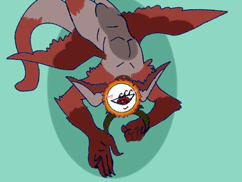 1_eye ambiguous_gender anthro blue_background blush blush_lines claws eyelashes feathered_wings feathers feet feet_out_of_frame fire fluffy head_wings horn long_tail mouthless red_body simple_background solo spread_wings tail talons toes unusual_head unusual_wing_placement upside_down wings allycatboom angel demon hybrid
