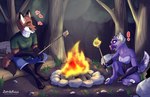 anthro campfire camping clothing duo fire firepit forest male plant roasting_marshmellows text tree zombikiss canid canine dinosaur fox mammal prehistoric_species reptile scalie url