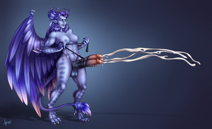 balls big_penis bodily_fluids breasts claws cum digitigrade ear_piercing erection facial_piercing feathered_wings feathers genital_fluids genital_piercing genitals gradient gynomorph horn huge_penis humanoid_pointy_ears hyper hyper_genitalia hyper_penis intersex leash long_penis multi_genitalia multi_penis nipple_piercing nipples nude penis penis_piercing piercing pointy_ears simple_background solo wings djcomps kdoggnutz sera_(kdoggnutz) humanoid
