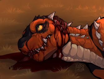 blood blood_puddle bodily_fluids brain corpse death death_focus exposed eye_roll feral gore killing male organs red_body shot_in_head solo spikes teeth tongue tongue_out yellow_eyes kolkolukija dinosaur prehistoric_species reptile scalie hi_res