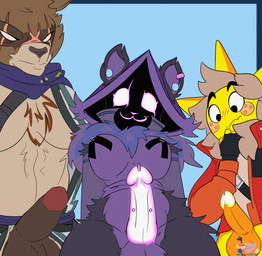 anthro arm_tuft asian_clothing balls belly big_balls big_breasts blush bottomless breasts clothed clothing comparing ear_piercing east_asian_clothing erection female fire flustered fur fuzzy gauged_ear gear genital_piercing genitals glowing glowing_genitalia glowing_penis group hip_tuft intersex intersex/male jacket jacket_only japanese_clothing kimono looking_at_viewer male muscular muscular_male nipple_tape nipples pantsless partially_clothed pasties pecs penis penis_piercing piercing scarf size_envy tape topwear topwear_only trio tuft peachielee epic_games fortnite hajime_(fortnite) raven_team_leader sunspot_(fortnite) animal_humanoid bear canid canine elemental_creature elemental_humanoid fire_creature fire_humanoid humanoid mammal raccoon_dog tanuki ursine absurd_res adversarial_noise hi_res neon_colors