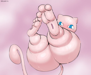 anthro big_butt blue_eyes blush bodily_fluids butt floating looking_away male nude pink_background pink_body pink_ears pink_tail rear_view simple_background solo sweat tail text thick_thighs axoarts nintendo pokemon generation_1_pokemon legendary_pokemon mew_(pokemon) pokemon_(species) 2026 artist_name digital_media_(artwork) hi_res