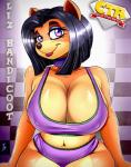 2017 accessory activision anthro bandicoot big_breasts biped black_hair black_nose bottomwear bra breasts character_name checkered checkered_background cleavage clothed clothing crash_bandicoot_(series) crash_team_racing_(series) crash_team_racing_nitro-fueled curvy_figure digital_media_(artwork) english_text eyelashes female front_view garter hair half-length_portrait hi_res high_waisted_bottomwear huge_breasts leaning leaning_forward liz_bandicoot logo looking_at_viewer mammal marsupial midriff multicolored_body navel neck_garter nipple_outline orange_body outline panties pattern_background pinup portrait pose purple_bottomwear purple_clothing purple_eyes purple_topwear race_queen short_hair simple_background sitting smile soft_focus solo tallyburd tan_body text tight_clothing topwear two_tone_body underwear voluptuous