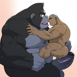 anthro aroused aroused_by_another aroused_face aroused_male aroused_smile back_muscles balls barazoku belly biceps big_belly black_body black_fur brown_body brown_skin butt buzz_cut captured dominant dominant_anthro dominant_male duo erection excited excited_expression excited_face excited_for_sex excited_male fist fur genitals grabbing_another grabbing_another's_leg grabbing_partner grinding grinding_on_penis hand_on_butt hand_on_leg hand_on_shoulder holding_another holding_leg holding_partner holding_partner's_leg human_on_anthro imminent_anal imminent_sex interspecies intimidation larger_anthro larger_male licking licking_lips looking_at_genitalia looking_at_penis looking_back male male/male manly muscular muscular_anthro muscular_male nipples nude nude_anthro nude_human nude_male pecs penis penis_on_butt simple_background size_difference smaller_human smaller_male submissive submissive_human submissive_male thick_arms tongue tongue_out othukimi ape gorilla haplorhine human mammal primate 1:1