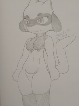 anthro breasts butt clothed clothing female fur simple_background smile solo tail faremertiuy nintendo pokemon canid canine generation_4_pokemon mammal pokemon_(species) riolu 3:4 absurd_res hi_res traditional_media_(artwork)