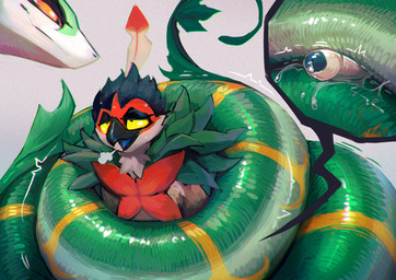 ambiguous_gender anthro anthro_on_feral bestiality bodily_fluids bound coiling coiling_around_body coiling_around_penis coiljob duo feathers feral foreskin genital_fluids genitals glistening glistening_body glistening_scales green_body male male_on_feral penis precum rubbing scales yellow_eyes plive nintendo pokemon avian decidueye generation_5_pokemon generation_7_pokemon pokemon_(species) reptile scalie serperior snake absurd_res hi_res