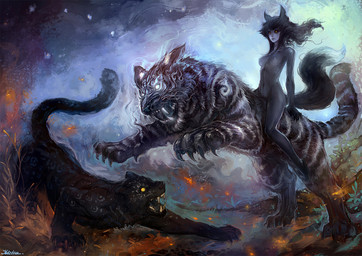 breasts claws digitigrade fangs female feral glowing glowing_eyes group hair long_hair melanistic mount nipples nude orange_eyes quadruped riding straddling tail teeth white_eyes yellow_eyes kazeco asian_mythology east_asian_mythology japanese_mythology mythology animal_humanoid cat_humanoid felid felid_humanoid feline feline_humanoid humanoid mammal mammal_humanoid pantherine tiger yokai digital_media_(artwork) digital_painting_(artwork) painting_(artwork)