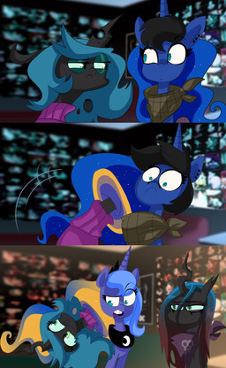 alternate_universe alternative_fashion clone clothing duo_focus ear_piercing female feral goth group hair horn humor kerchief multicolored_hair piercing portal sweater teleport topwear turtleneck jokerpony friendship_is_magic hasbro my_little_pony mythology princess_luna_(mlp) queen_chrysalis_(mlp) arthropod changeling_(mlp) equid equine mammal mythological_creature mythological_equine unicorn crossover hi_res