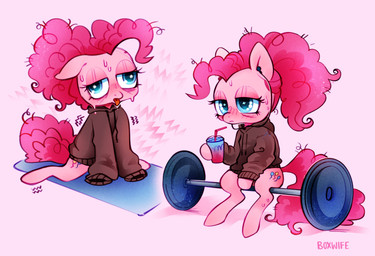 athletic_wear barbell blue_eyes blush bodily_fluids clothed clothing cutie_mark exercise female feral hair open_mouth pink_body pink_hair simple_background solo stretching sweat tail tongue topwear weightlifting weights workout yoga yoga_mat boxwife friendship_is_magic hasbro my_little_pony pinkie_pie_(mlp) earth_pony equid equine horse mammal pony absurd_res digital_media_(artwork) hi_res