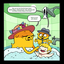 accessory anthro bath bathing bathroom black_border border clothing eyelashes female good_parenting group hat hat_only headgear headgear_only headwear headwear_only inside male mostly_nude necktie neonate nipples open_mouth smile tail toony trio young discount-supervillain adventure_time cartoon_network finn_the_human joshua_the_dog margaret_(adventure_time) canid canine canis domestic_dog human mammal 1:1 hi_res adopted_(lore) adopted_son_(lore) adoptive_father_(lore) adoptive_mother_(lore)