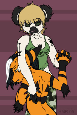 alternative_fashion anthro band_merch band_shirt blonde_hair breasts cleavage clothed clothing cross duo emo eyes_closed female glamfur hair inverted_cross long_hair love male romantic romantic_couple shirt shirt_logo short_hair simple_background tank_top topwear zeriara gorillaz kaku_q._spookaboo zeriara_(character) lemur mammal primate strepsirrhine 2005