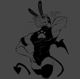 bat_wings carrot clothing electronics eyebrows fake_ears fake_rabbit_ears food for_a_head holidays legwear male membrane_(anatomy) membranous_wings muscular not_furry paws plant screen screen_face solo stockings suit tail television text thick_eyebrows vegetable whiskers wings x_sign iceymcflurry easter cobalt(iceymc) humanoid object_head screen_head tv_head english_text monochrome unavailable_at_source