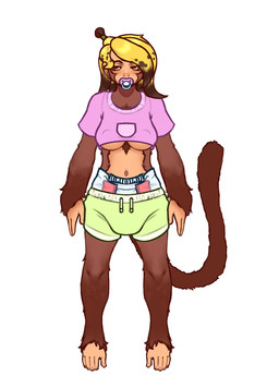 anthro biped blonde_hair breasts brown_body brown_fur brown_hair clothed clothing crop_top diaper diaper_peekage diaper_under_clothing female fur hair object_in_mouth orange_eyes pacifier pacifier_in_mouth shirt solo topwear under_boob wearing_diaper eggddemon guarana_(heppysugoi) haplorhine mammal monkey primate 2026 digital_drawing_(artwork) digital_media_(artwork) hi_res