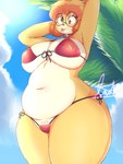 anthro beach belly big_breasts big_butt bikini blonde_hair breasts butt clothing cloud derp_eyes female fur hair navel red_bikini red_clothing red_swimwear sky skyscape solo swimwear thick_thighs tongue tongue_out two-piece_swimsuit yellow_body yellow_fur dvalinarts jhenightfox animal_crossing nintendo derpybelle isabelle_(animal_crossing) canid canine canis domestic_dog mammal absurd_res hi_res