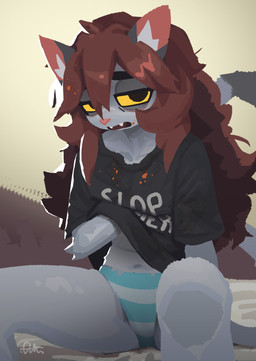 anthro biped clothed clothed_anthro clothed_female clothing female front_view fur hair inner_ear_fluff looking_at_viewer open_mouth panties shirt sitting solo tail teeth topwear tuft underwear el-k domestic_cat felid feline felis mammal 2025 absurd_res digital_drawing_(artwork) digital_media_(artwork) hi_res