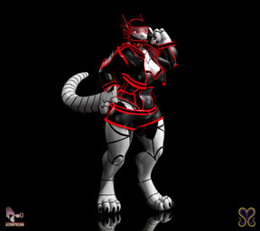 anthro armor chanrom2 clothing collar cybernetics disc_jockey djjenny female headgear helmet hip_grab machine seductive smile solo three-quarter_view mythicalyeen ghostlyshark_(modeler) cyborg mamagen protogen 3d_(artwork) digital_media_(artwork) hi_res
