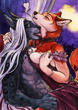 anthro black_body black_fur breast_squish breasts clothed clothing dress duo eyebrows eyelashes eyes_closed female fur hair licking male male/female neck_lick open_mouth orange_body orange_fur squish teeth tongue white_hair lirietrai bagheera_(fursona) canid canine canis felid leopard mammal pantherine wolf 2022 hi_res traditional_media_(artwork)