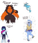 ambiguous_gender anthro armor big_breasts breasts clothing female fool's_hat footwear gauntlets gloves handwear hat headgear headwear laugh makeup male mantle mascara nipple_outline ragged_clothing raining rubbing_eyes running_makeup running_mascara sandals shirt shoes tired topwear water wet wet_clothing wet_shirt wet_topwear signirsol deltarune don't_talk_to_me_or_my_son_ever_again undertale_(series) elnina_(deltarune) kris_(deltarune) shadow_mantle_(deltarune) animate_inanimate bovid bovine caprine darkner elemental_creature elemental_humanoid human humanoid living_clothing mammal mizzle_(deltarune) shadow_creature sheep water_creature meme