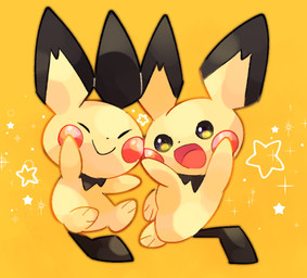 ambiguous_gender black_body duo ears_up eyes_closed feral fur happy open_mouth pattern_background raised_arm simple_background smile star yellow_background yellow_body yellow_fur zoroa553 nintendo pokemon generation_2_pokemon mammal pichu pokemon_(species) rodent 2020 digital_media_(artwork)