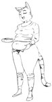 2022 anthro belly belly_grab belly_overhang big_belly bottomwear cheek_tuft clothed clothing cutlery domestic_cat eyes_closed facial_tuft felid feline felis female footwear fork fran_(litterbox_comics) fully_clothed fur hi_res holding_object holding_plate kitchen_utensils litterbox_comics looking_pleasured mammal mature_anthro mature_female monochrome obese obese_anthro obese_female open_mouth overweight overweight_anthro overweight_female pants plate shirt shoes solo standing striped_body striped_fur stripes teeth tools topwear tuft unzipped unzipped_pants zipper