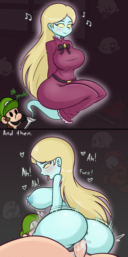 anus areola balls big_breasts blonde_hair blue_areola blue_body blue_nipples blush blush_lines breasts clothed clothing dialogue dress duo empty_eyes eyelashes female front_view genitals ghost_tail grey_background hair long_hair male male/female nipples penetration penile penile_penetration penis penis_in_vagina purple_clothing purple_dress rear_view sex simple_background smile tan_body tan_skin text thick_thighs vaginal vaginal_penetration wide_hips yellow_eyes dodo-bot luigi's_mansion mario_bros nintendo luigi melody_pianissima boo_(mario) ghost human humanoid mammal shyguy spirit colored comic digital_media_(artwork) english_text hi_res