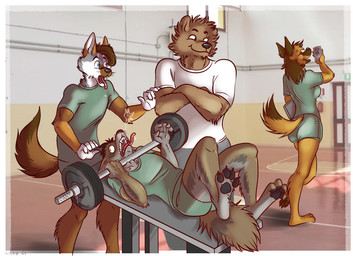 4_toes 5_fingers accident anthro asphyxiation barbell barefoot bench black_nose black_pawpads bottomwear breasts brown_body brown_fur brown_hair butt choking claws clothed clothing distracted exercise fangs feet female finger_claws fingers fur group gym hair hindpaw humanoid_hands humor inside long_hair lying male multicolored_body multicolored_fur on_back on_bench pawpads paws plantigrade shirt shorts t-shirt teeth toe_claws toes tongue tongue_out topwear two_tone_body two_tone_fur white_body white_fur workout sanssouci bear belgian_shepherd brown_bear canid canine canis coyote domestic_dog grizzly_bear herding_dog mammal pastoral_dog sheepdog ursine 2021
