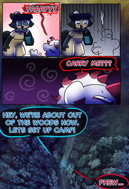 background_shot black_hair blue_eyes comic_panel dialogue fox_tail fur hair multicolored_body sunset text white_body white_fur yellow_body halfpricesouls nintendo pokemon mango_(halfpricesouls) zoro_(halfpricesouls) canid canine generation_3_pokemon generation_5_pokemon mammal mawile pokemon_(species) zoroark absurd_res comic english_text hi_res
