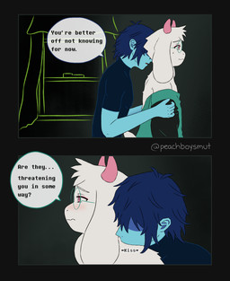 ambiguous_gender ambiguous_human anthro assisted_exposure bedroom black_clothing blue_body blush clothing dialogue duo eyewear femboy fur glasses grabbing_from_behind green_clothing horn inside long_ears male neck_kiss obscured_eyes pink_eyes speech_bubble text wearing_glasses white_body white_fur window peachboysmut deltarune undertale_(series) kris_dreemurr ralsei bovid caprine darkner goat human mammal 2026 comic digital_media_(artwork) english_text hi_res