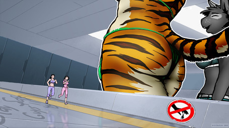 anthro big_butt bikini black_body black_fur blush bottomwear bra breasts buckteeth butt clothed clothing exercise female fur grey_body grey_fur group hair jogging larger_anthro locker macro micro midriff open_mouth orange_body orange_fur pants sign size_difference smaller_human sports_bra striped_body striped_fur stripes swimwear teeth text thick_thighs topwear two-piece_swimsuit underwear white_body white_fur workout yoga_pants artribution uto_verse felid human lagomorph leporid mammal pantherine rabbit tiger 2020 english_text hi_res