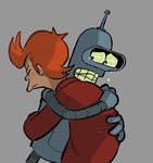 bodily_fluids clothing duo grey_background hair hug jacket machine male orange_hair red_clothing red_jacket red_topwear simple_background tears topwear handsomehugs politepuppet comedy_central futurama bender_bending_rodríguez philip_j._fry human mammal robot