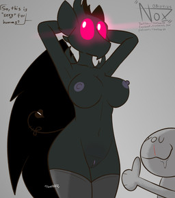 anthro antlers areola big_breasts black_body bodily_fluids breasts clitoral_hood clitoris clothing drooling duo female genitals glowing glowing_eyes hands_behind_head horn legwear membrane_(anatomy) membranous_wings navel nipples nude pink_eyes purple_areola purple_vulva raised_arms saliva simple_background speech_bubble tail text thigh_highs vulva wings tleatlnox59 anon chari_(tleatlnox59) deer demon mammal absurd_res hi_res