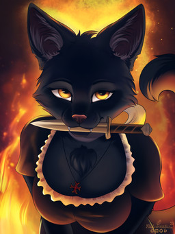 anthro black_body black_fur dagger female fire fur melee_weapon orange_eyes solo weapon xleb0rezka felid feline mammal digital_media_(artwork) hi_res portrait